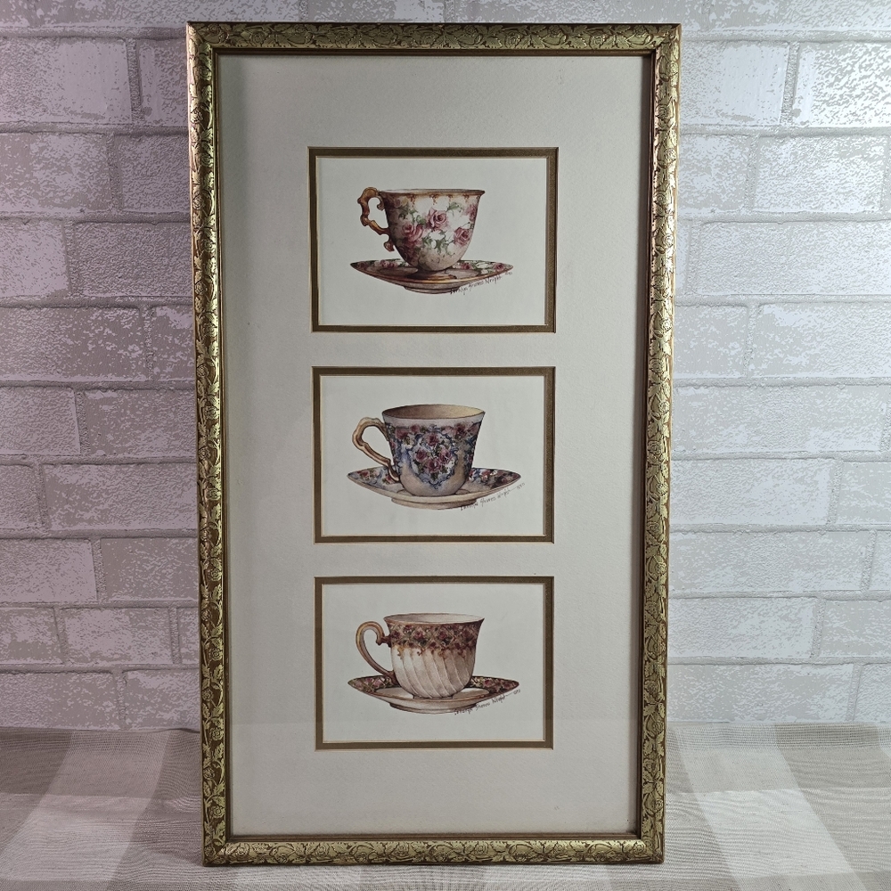 Carolyn Shores Wright Victorian Teacups Gilded Gold Ornate Framed Matted Print